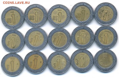 Погодовка 1 песо Мексика 1992-2014 15 монет С РУБЛЯ до 14.05 - 17