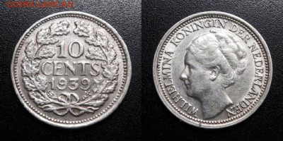 МОНЕТЫ МИРА 05-19 - Нидерланды – 10 центов (1939) «Вильгельмина» (Ag) (XF) Н1
