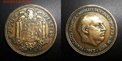 МОНЕТЫ МИРА 05-19 - Испания – 2,5 песеты (1953)