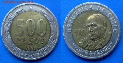 Чили - 500 песо 2001 года (БИМ) до 16.05 - Чили 500 песо 2001 бим
