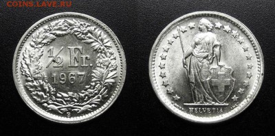 МОНЕТЫ МИРА 05-19 - Швейцария – 0,5 франка (1967) (Ag) (UNC) Д1