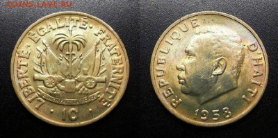 МОНЕТЫ МИРА 05-19 - Гаити – 10 сантимов (1958) медб-ник.-цинк (UNC) (красивая золотистая патина) У1