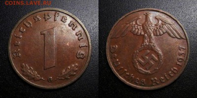 МОНЕТЫ МИРА 05-19 - Германия (3-й Рейх) – 1 рейхспфенниг (1937 G) бронза №1