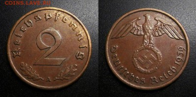 МОНЕТЫ МИРА 05-19 - Германия (3-й Рейх) – 2 рейхспфеннига (1939 А) бронза №6