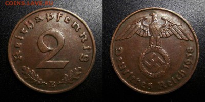 МОНЕТЫ МИРА 05-19 - Германия (3-й Рейх) – 2 рейхспфеннига (1938 Е) бронза
