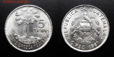 МОНЕТЫ МИРА 05-19 - Гватемала – 5 сентаво (1961) «Дерево» (Ag) (UNC) У1