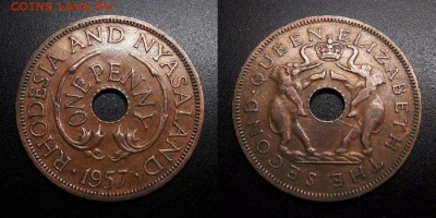 МОНЕТЫ МИРА 05-19 - Родезия и Ньясаленд – 1 пенни (1957) «Слоны» (XF) У1