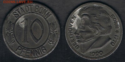 Бонн 10 пфеннигов "Бетховен" 1920 до 24.05.19 в 22:00 - Bonn_Funck#51.1a_18052019
