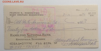 Чек банка"HAMILTON NATIONAL BANK" на 25 дол.США 1970 г. - IMG_20190518_183659