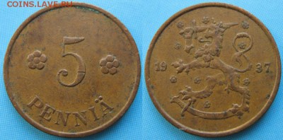 Финляндия 5 пенни 1937  до 24-05-19 в 22:00 - Финляндия 5 пенни 1937    166-к10-5110