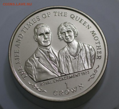 Остров Мэн 1 крона 1999 Королевская Помолвка - krona_shajba_ostrov_men_1_krona_1999_korolevskaja_pomolvka_unc_zhizn_i_momenty_korolevy_materi