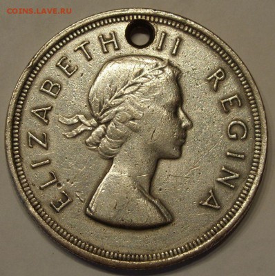 5 шиллингов ЮАР 1955 с дыркой старт почти с цены лома. - 5 шиллингов ЮАР 1955 - 2