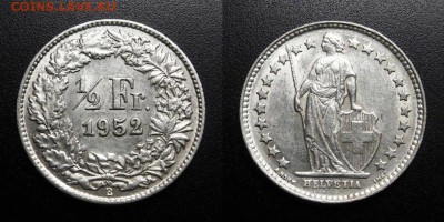 МОНЕТЫ МИРА 05-19 - Швейцария – 0,52 франка (1952) (Ag) (XF) Д1