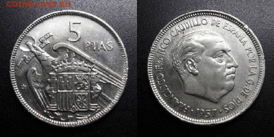 МОНЕТЫ МИРА 05-19 - Испания – 5 песет (1957)