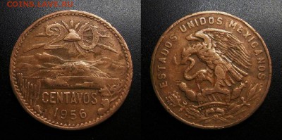 МОНЕТЫ МИРА 05-19 - Мексика – 20 сентаво (1956) «Пирамида Солнца (герб тип №2)»