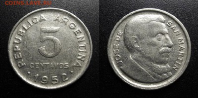 МОНЕТЫ МИРА 05-19 - Аргентина – 5 сентаво (1952) «Хосе де Сан Мартин» №1
