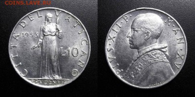 МОНЕТЫ МИРА 05-19 - Ватикан – 10 лир (1953) «Пруденция – богиня мудрости» алюм. Н1
