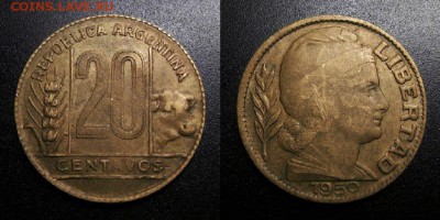 МОНЕТЫ МИРА 05-19 - Аргентина - 20 сентаво (1950) «Колос и корова» (XF) У1