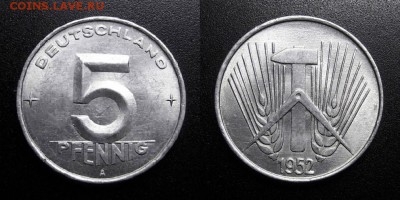 МОНЕТЫ МИРА 05-19 - ГДР – 5 пфеннигов (1952 А) алюм. (UNC) Н1