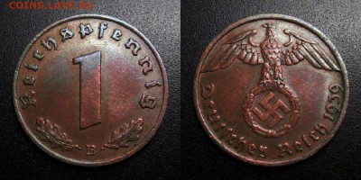 МОНЕТЫ МИРА 05-19 - Германия (3-й Рейх) – 1 рейхспфенниг (1939 В) бронза №1