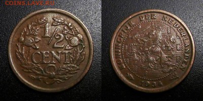 МОНЕТЫ МИРА 05-19 - Нидерланды – 0,5 цента (1934) бронза (XF) Н1-1