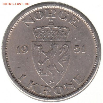 Норвегия 1 крона 1951 до 12.06 в 22.00 - 128-1