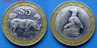 Носорог) до 15.06 - Зимбабве 5 долларов 2001