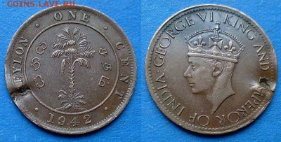 Цейлон - 1 цент 1942 года (с дефектом) до 22.06 - Цейлон 1 цент 1942