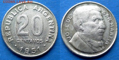 Аргентина - 20 сентаво 1951 года до 22.06 - Аргентина 20 сентаво 1951