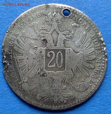 Австрия 20 крейцеров 1868 года ("убитая") на оценку - люкс 6 086
