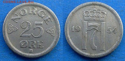 Норвегия - 25 эре 1954 года до 1.07 - Норвегия 25 эре 1954