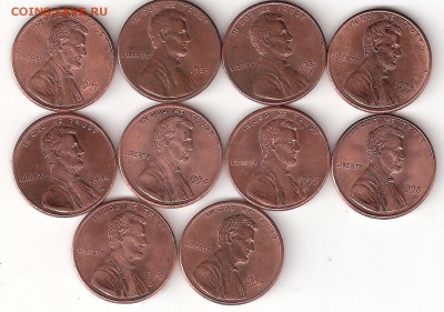 США 1цент-10 монет (1985-99г.г.) - 1 Цент-10шт Р 85-99