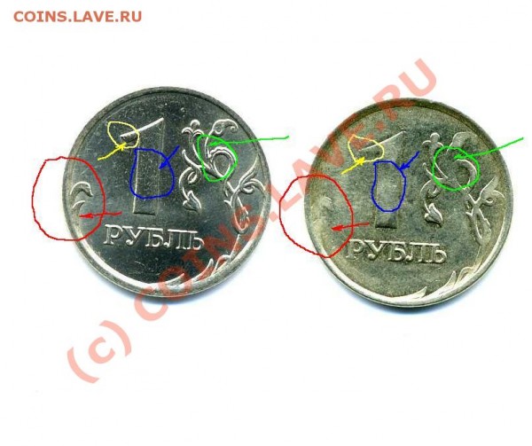 Синяя зона номинал "1" на 2007 ровная единичка на 2008 прсутствут неровность как ложбика. Желтая зона номинал "1" на 2007 аккуратный ровный носик единички на 2008 частично отсутствует точнее слабо прочеканен или подтёрт. Зеленая зона - два номинала вид.JPG