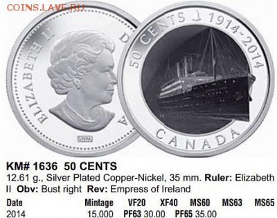 50 cents 2014 г. Корабль Принцесса Ирландии Цветная - Канада 50 центов 2014 Краузе.JPG