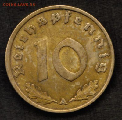 Германия-Третий Рейх-10 пфеннигов 1936А бронза, свастика VF+ - 10 пфеннигов 1936А бронза свастика реверс