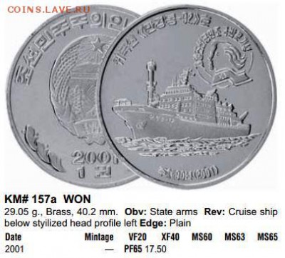 Сев. Корея 1 вона 2001 корабль MAN GYONG BONG Латунь с 200 р - Краузе Бр.JPG