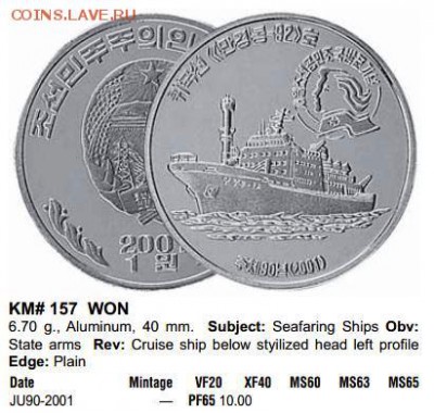 Сев. Корея 1 вона 2001 корабль MAN GYONG BONG-92 Алюминий - Краузе Ал.JPG
