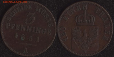 Мелочь старой Германии на оценку - Пруссия 3 пфеннига 1851