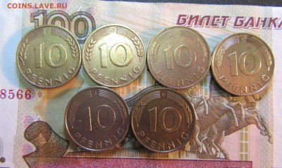 ГЕРМАНИЯ ФРГ 10 пфеннигов J,F.D 1950-88 г. 6 шт  до 06.08 - IMG_6347.JPG