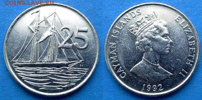 Каймановы острова - 25 центов 1992 года (Парусник) до 8.08 - Каймановы острова 25 центов 1992