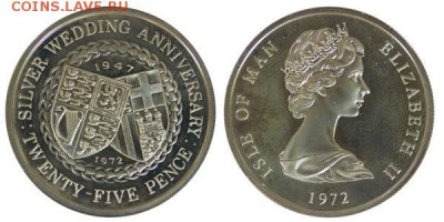 Остров Мэн 25 пенсов 1972 свадьба Елизаветы Филипа гербы - shajba_krona_ostrov_men_25_pensov_1972_25_let_svadbe_korolevy_elizavety_ii_i_princa_filippa