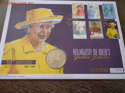 о.МЭН - крона Золотой юбилей (в желтом) конв. 8.09, 22.00 - о-в Мэн 1 крона 2002 Золотой юбилей (желтое платье) конверт_1