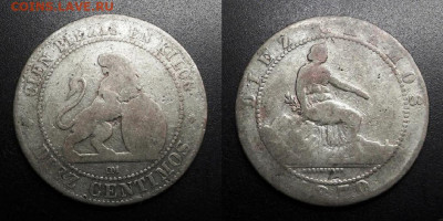 Помощь в определении монеты (Фердинанд VII) - Испания – 10 сентимо (1870) медь (серебрение) №1