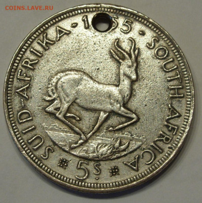 5 шиллингов ЮАР 1955 с дыркой старт почти с цены лома. - 5 шиллингов ЮАР 1955 - 1