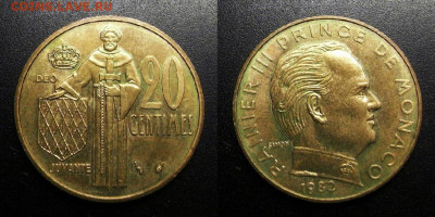 МОНЕТЫ МИРА 09-19 (+боны, медали и жетоны) - Монако – 20 сантимов (1982)