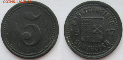 Нотгельды Германии. Обзорная тема. - 5 пфеннигов 1917г., цинк, Зонтхофен.JPG