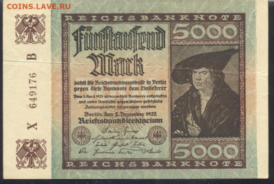 Германия 5000 марок 1922 г. 17.09. 19 г. 22 -00 МСК. - 5000 м. 1922 1