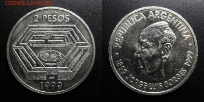 МОНЕТЫ МИРА 09-19 (+боны, медали и жетоны) - Аргентина – 2 песо (1999) «Хорхе Луис Борхес – аргентинский писатель» №6