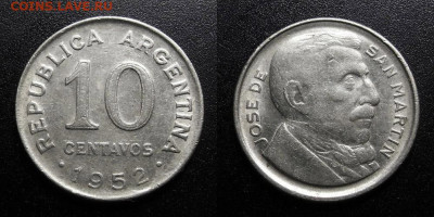 МОНЕТЫ МИРА 09-19 (+боны, медали и жетоны) - Аргентина – 10 сентаво (1952) «Хосе де Сан Мартин» №2