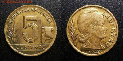 МОНЕТЫ МИРА 09-19 (+боны, медали и жетоны) - Аргентина - 5 сентаво (1942) «Колос и корова» (редкий переходный год) (редкая) №1